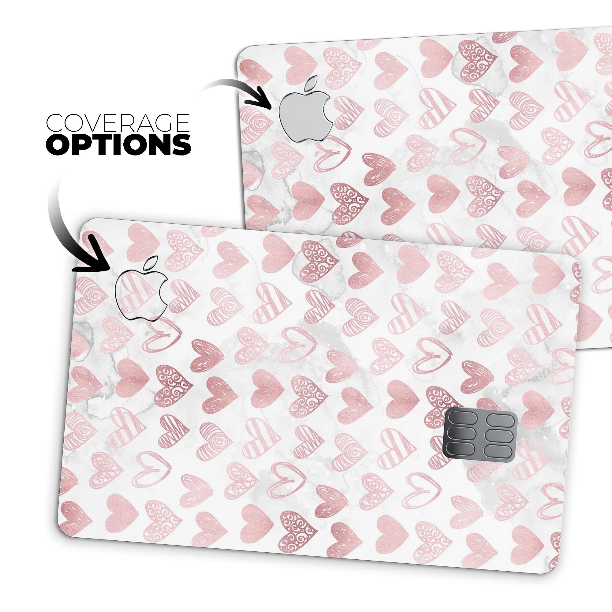 Karamfila Marble & Rose Gold Hearts v3 decal applied on an Apple Card, showcasing its elegant design and premium finish.